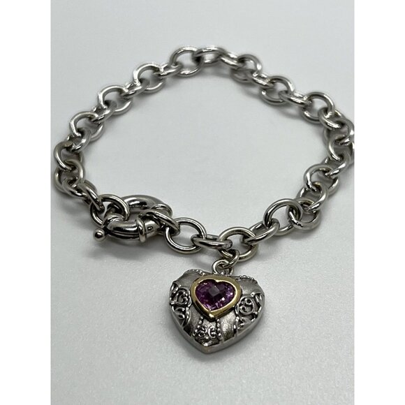 925 STERLING SILVER  PINK TOPAZ HEART BRACELET - Picture 1 of 7